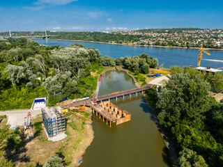 Novi Sad, Serbia - June 27, 2025: Construction of the Chinese bridge over the Danube River in Novi Sad