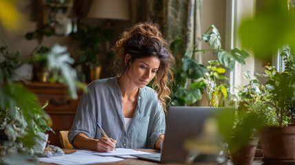Young white woman with dark wavy hair wearing striped blouse working at laptop on wooden desk at home surrounded by lush green plants, soft daylight through window