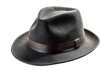Dark grey fedora hat with brown band and textured crown isolated on a transparent background black