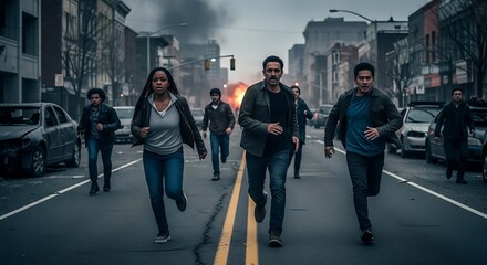 Survivors running from burning explosion in devastated city