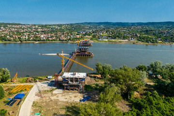 Novi Sad, Serbia - June 27, 2025: Construction of the Chinese bridge over the Danube River in Novi Sad