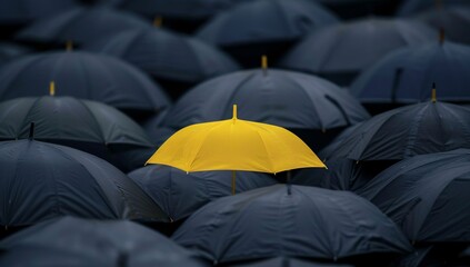 A vibrant yellow umbrella stands out among a sea of dark umbrellas, symbolizing hope and individuality.