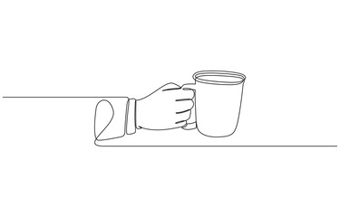 Continuous line drawing of a hand holding a coffee bottle, Coffee take away one line continuous. Simple and elegant continuous line art, perfect for tranquil and cozy themes. Editable stroke