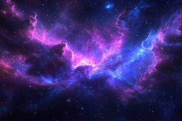 Cosmic nebula swirls of vibrant purple and blue hues against a starry backdrop