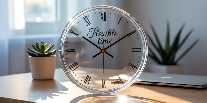 Modern desk with transparent round clock, plants, and laptop in sunlight, symbolizing flexible work time.
