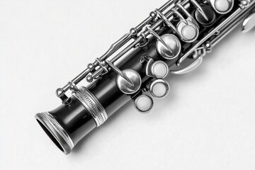 Naklejka premium Silver flute, a woodwind orchestral musical instrument, isolated on black or white