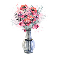 Bouquet of poppies, painted in watercolor in a vase on a white background. Bouquet of flowers, red poppies in a vase, hand-drawn illustration