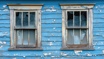 Obraz premium Two weathered windows on a peeling blue building