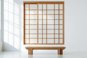 Traditional Japanese interior with a wooden sliding window, bamboo accents, and a warm wooden floor