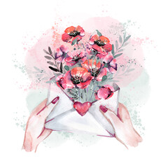 Bouquet of poppies, painted in watercolor in an envelope on a white background. Bouquet of flowers, red poppies in an envelope, hand-drawn illustration