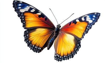 Naklejka premium Close-up of a vibrant butterfly in flight, wings spread wide, displaying orange, yellow, blue, and black patterns