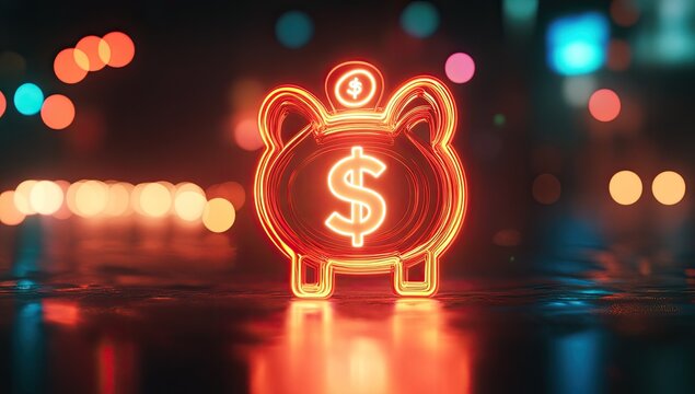Neon piggy bank symbol, glowing orange, dollar sign