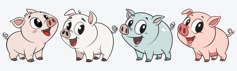 Chubby and cheerful cartoon pig characters vector.