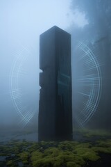Mystical monolith shrouded in fog, surrounded by forest, emitting a glowing aura. Serene and mysterious atmosphere.