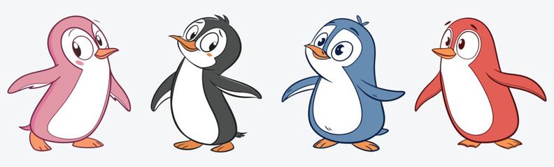 A cute Charming cartoon penguins in playful poses. colorful penguins animal vector.