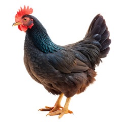 Fototapeta premium Full body view of a black chicken with red comb and yellow legs standing isolated on a transparent background