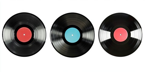 Three vintage vinyl records, each with a colored label
