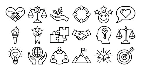 Collection of modern outline icons representing business concepts like teamwork success ideas and values