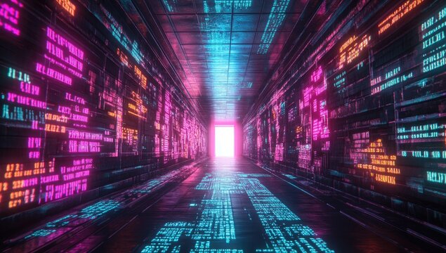 Neon-lit digital tunnel with glowing code