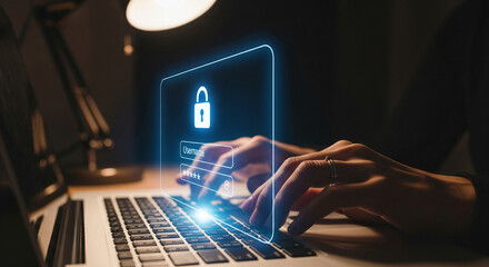 Hands typing on laptop keyboard, illuminated digital padlock overlay symbolizes online security, privacy, data protection, and digital safety