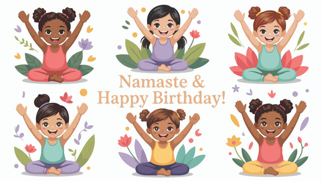 Cartoon Girls Practicing Yoga with Flowers and Foliage Wishing a Happy Birthday in Neutral Tones