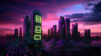Fototapeta premium Futuristic neon cityscape with glowing skyscrapers against a vibrant sunset sky