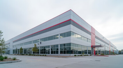 Obraz premium Modern commercial building with large windows, sleek design, and red accent. structure is situated industrial area, showcasing contemporary