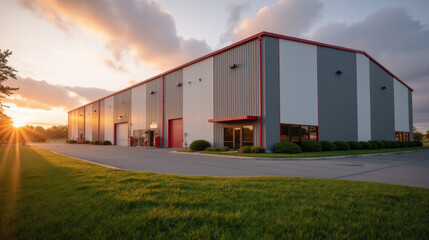 Obraz premium Modern industrial building with sleek design, featuring large windows and vibrant sunset backdrop. structure showcases blend of gray and red