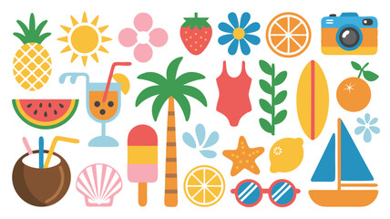 Colorful Summer Holiday Icons Pineapple, Sun, Drinks, Palm Tree, Swimsuit, Surfboard, Sailboat, and More