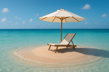 Obraz premium Tranquil Beach Scene with Lounge Chair and Umbrella under Blue Sky