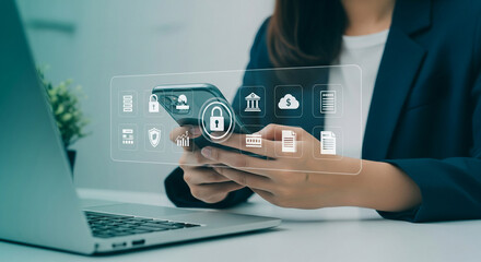 Person in business attire using smartphone displaying digital security icons, symbolizing online banking security and data protection