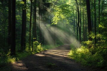 Obraz premium Forest path with intense sunbeams and shadows