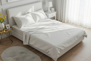 Minimalist Bedroom with clean white bed, 3D Illustration
