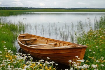 Obraz premium Wooden boats moored near grassy lake shore