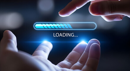 Hands holding a loading bar with loading text in a digital futuristic style on transparent background