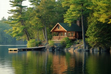Cozy cabin by the water with pine trees
