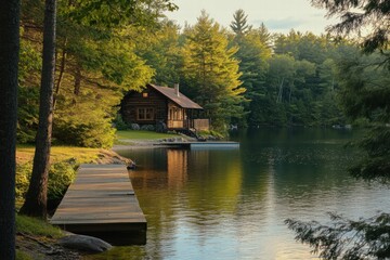 Obraz premium Lakefront cottage with deck surrounded by nature
