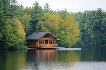 Obraz premium Quiet lakeside cabin with autumn foliage