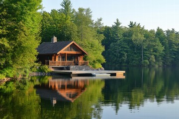 Fototapeta premium Cabin reflection in still lake with green surroundings
