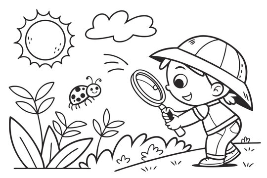an adventurous child holding a magnifying glass for coloring book, coloring page, kids