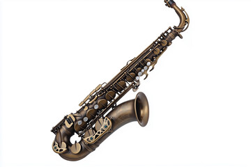 Golden brass alto saxophone, a jazz woodwind instrument, isolated on a white background