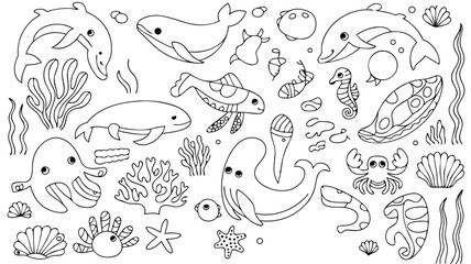 Ocean Animals Coloring Page Featuring Dolphins, Whales, Octopus, Seahorse, Starfish, Shells, and Coral Designs