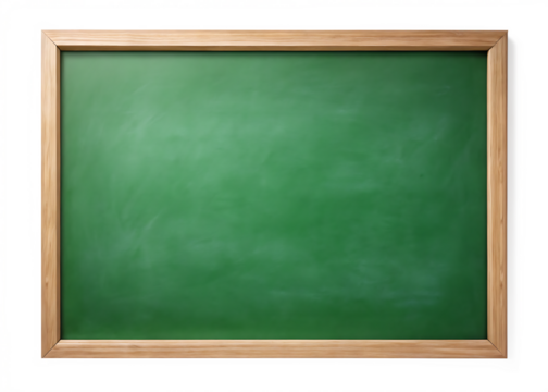 Green school chalkboard with wooden frame and subtle chalk dust isolated on a transparent background