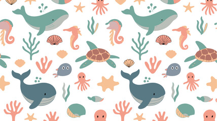 Obraz premium Seamless Pattern with Whales, Sea Turtles, Seahorses, Shells, and Octopuses on White Background