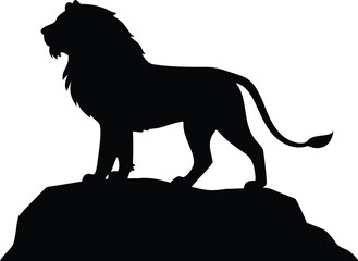 Powerful black silhouette of a lion standing on a rock formation against white background
