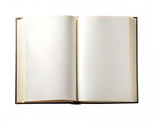 Fototapeta premium Open blank book with cream pages and brown cover on white background Ai isolated on a transparent background