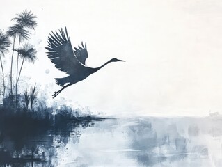 A silhouette of a graceful crane flying over a tranquil lake