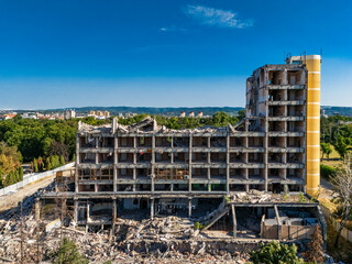 Novi Sad, Serbia - June 27, 2025: Demolition of the Park Hotel in Novi Sad, Serbia