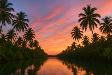 Obraz premium Serene Sunset Over Calm Waterway Surrounded by Palm Trees