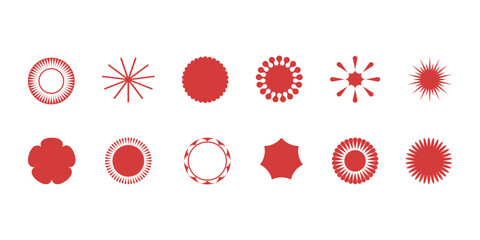 Red decorative round elements with geometric patterns. Abstract digital ornaments, icon sheet.